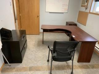 Office Desk C/w Filing Cabinet, Rolling Chair And Wood Side Storage