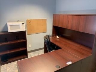 Wood Office Desk C/w Chair, Shelf, Filing Cabinet, Paper Shredder And Microwave