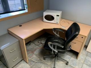 Wood Desk C/w Chair, (2) Filing Cabinets And Microwave