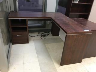 Desk, Credenza, Chair & Shelf. 