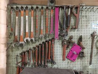 Tool Board c/w Assorted Wrenches, Clamps, Clevises Etc. 
