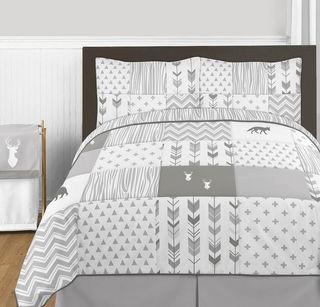 Sweet Jojo Designs Grey & White Woodsy 3 Piece Comforter, Full/Queen. 