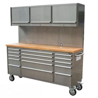 72" Stainless Steel tool Chest w/ 15 Drawers & 3 Overhead Cabinets 
