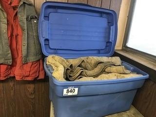 Plastic Tub With Quantity of Padded Moving Blankets And Canvas Tarps.