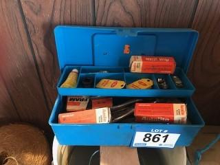 Tackle Box W Quantity of Shear Pins, Spark Plugs, Clamps.