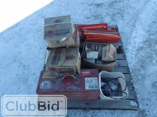 Lot of Assorted Fasteners, Vehicle Safety Triangles, Etc. 
