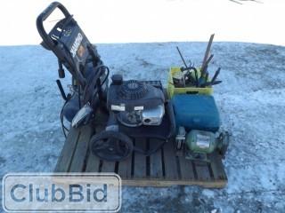 Lot of Honda Diamond 2600 PSI Pressure Washer, 1/2 HP Bench Grinder, Mastercraft Air Compressor, Etc. 
