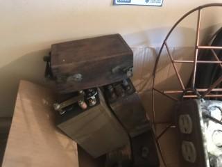 Quantity of Vintage Wood Electric Relays, Electric Cor Reel and Electric Wire