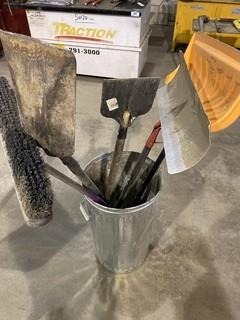 Metal Trash Can  C/w Assortment of Broom, Shovels and Ice Scrapers