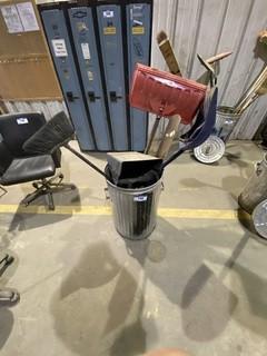 Metal Trash Can C/w Broom, Shovels, Garbage Scoop and Snow Rake
