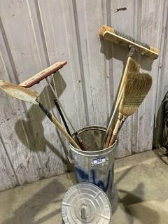 Metal Trash Can  C/w Shovel, Broom Handles, Rake and Snow Rake