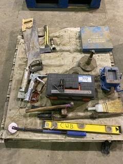 Pallet of Tools, Levels, Tool Box, Saws, Axe, Tap Screws