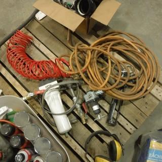Quantity of Electrical Boxes, (2) 12 FT x 16 FT Tarps (Plastic), Assortment of Spray Polish Air Hoses and Misc. *Located RE23*