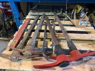 Qty Of Pick Axes, Gooseneck Pry Bars, 2ft Level And Misc Tools