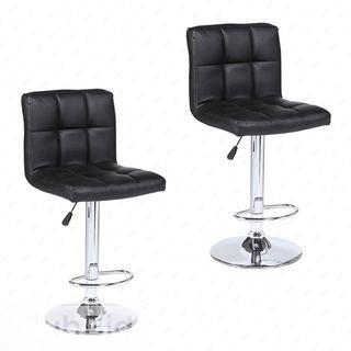 New Set of (2) Adjustable Black Leather Swivel Bar Stools