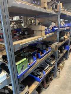 Shelving Unit C/w Misc Heli Drill Parts (Sprockets, Seals And Pulleys)