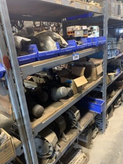 Shelving Unit C/w Misc Heli Parts (Sprockets, Gaskets, Chain Links And Cooling Fans)