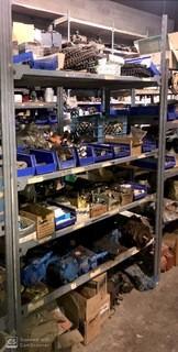 Shelving Unit C/w Misc Heli Parts (Hyd Parts, Pumps, Roller Chains And Electric Motors)