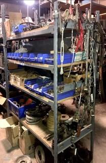 Shelving Unit C/w Fittings, Hose Clamps, Pipe Strippers, Hyd Pumps And Motors