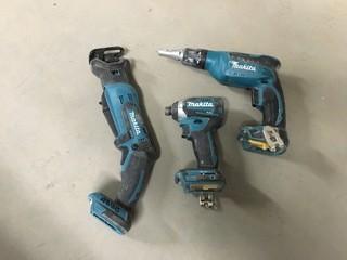 Lot of (3) Makita Hand Tools, Including Cordless Impact Driver, Drywall Screwdriver, Reciprocating Saw, No Battery.