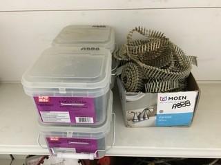Lot of (4) Boxes of 2 1/4"x 6 Trim Screws & (1) Box of Roofing Nail Coils.