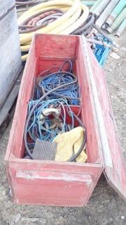 Wood Crate C/w Extension Cords, Lifting Cable And Misc Supplies