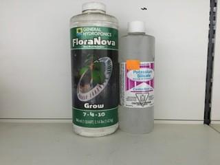 Lot of (4) 500ml Bottles of Potassium Silicate & (1) 1Q Bottle of General Hydroponics FloraNova Grow, (7-4-10).