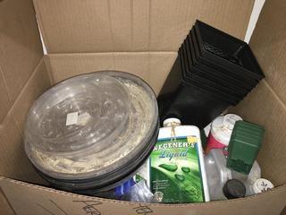 Lot of Assorted Plastic Planters, Saucers, & Fertilizers.