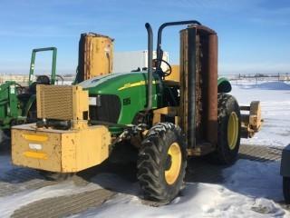 John Deere 5525 4x4 Tractor c/w Direct Trans, 540 PTO, 4 Bank Hydraulics, Tiger Triple Flail Mower, 12.5/80-18 Front, 16.5-24 Rear Tires. S/N L0AR126987. Showing 3492 Hours.