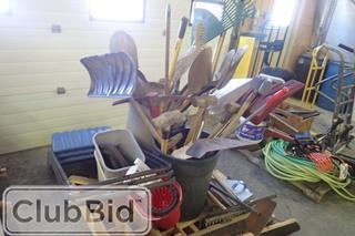 Lot of Asst. Shovels, Brooms, Garbage Pails, etc. 