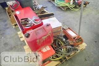 Lot of Tool Chest, 3 Jack Stands, Floor Jack, Booster Cables, Truck Seat Covers, etc.