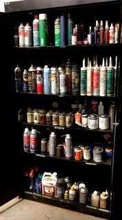 Cabinet with Contents, Paint, WD-40, Glass Cleaner