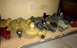 Shelf With Contents, Regulators, Pressure Gauges