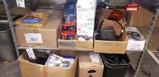 Contents Of Shelf Includes: Respirators, Cleats, Ear Muffs, Knee Pads, Glasses And Beacon Light