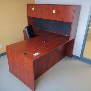 Wood Office Desk C/w Hutch, (2) Cloth Task Chairs, Wood Filing Cabinet And Storage Unit