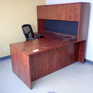 Wood Office Desk C/w Hutch, Cloth Task Chair And Wood Storage Cabinet