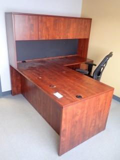 Wood Office Desk C/w Hutch, Cloth Task Chair And Wood Cabinet