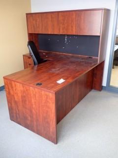 Wood Office Desk C/w Hutch, Cloth Task Chair And Wood Cabinet