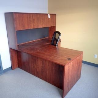 Wood Office Desk C/w Hutch, Cloth Task Chair And Wood Table