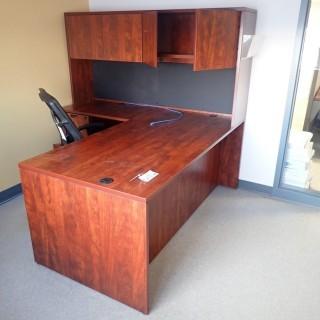 Wood Office Desk C/w Hutch, Cloth Task Chair And Wood Cabinet