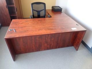 Wood Office Desk C/w Cloth Task Chair, Wood Cabinet, Picture Frames And Wall Mounted White Board