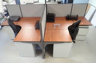 2-Section Office Cubicle C/w (2) Office Desks, Dividers, (2) Cloth Task Chairs, (4) 3-Drawer Filing Cabinets And Misc Office Supplies