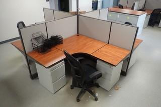 4-Section Office Cubicle C/w Dividers, (3) Cloth Task Chairs, And (6) Filing Cabinets
