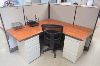 4-Section Office Cubicle C/w Dividers, (4) Office Desks, (4) Cloth Task Chairs, And (8) Filing Cabinets