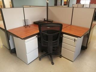 4-Section Office Cubicle C/w Dividers, (4) Office Desks, (4) Cloth Task Chairs And (8) Filing Cabinets