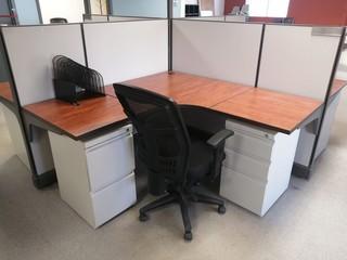 4-Section Office Cubicle C/w Dividers, (4) Office Desks, (4) Cloth Task Chairs And (8) Filing Cabinets