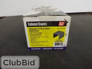 Qty of (24) Boxes 16 Gauge 15/16" Wide Crown 3/4" Leg Collated Staples (10,000 Count Per Box)