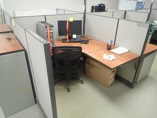 4-Section Office Cubicle Includes: (4) Office Desks, (4) Cloth Task Chairs, Filing Cabinets And Dividers *Note: Monitors Not Included*