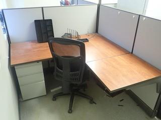 6-Section Office Cubicle Includes: (4) Office Desks, (4) Cloth Task Chairs, (4) File Cabinets And Dividers *Note: Monitors Not Included*