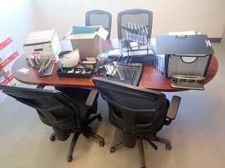 Boardroom Table C/w (4) Cloth Task Chairs And Misc Office Supplies